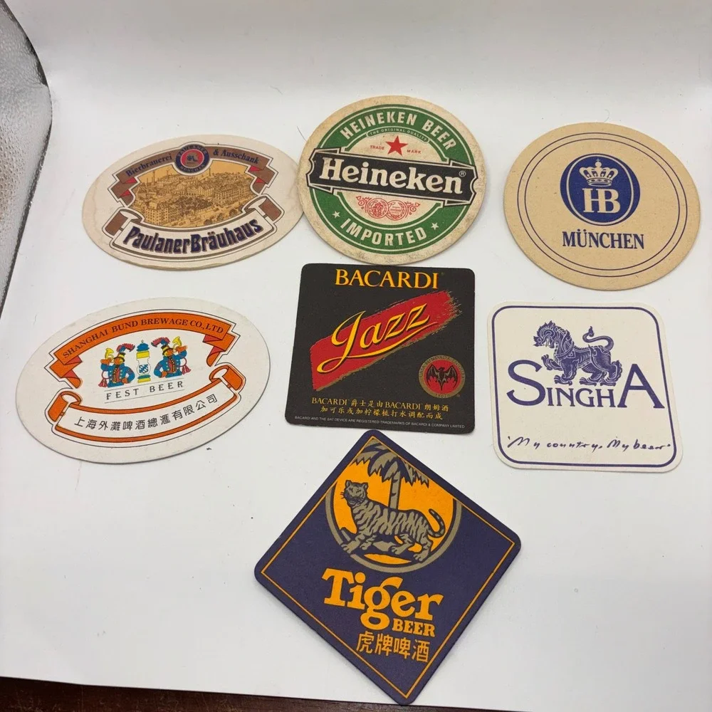 Vintage Beer Coaster Lot 7pc Heineken Paulaner HB Singha Tiger Bacardi Barware